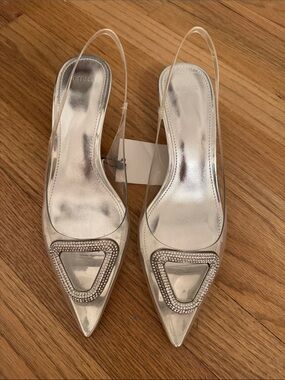 Mango Vinyl Heels Silver Clear Slingback Pointed-Toe with Crystal Accent